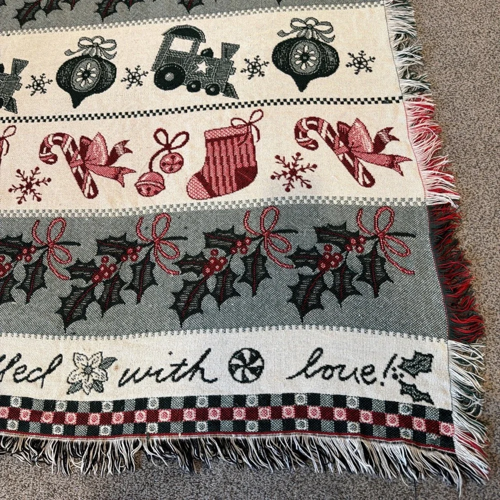 Vintage Woven Christmas Throw Blanket Holiday Trains Bells Flowers 54